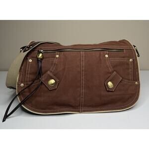 Tommy Hilfiger Crossbody Bag Brown Denim Canvas Magnet Front Pocket Flap Lined